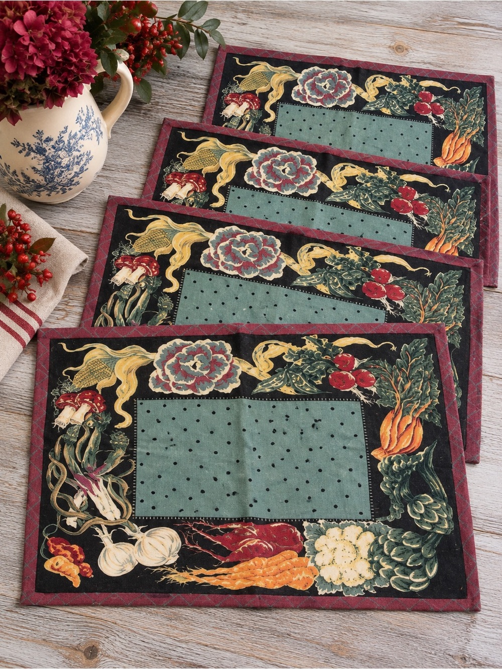 Vintage Country Harvest French Kitchen Linen Cotton Placemats Set of 4